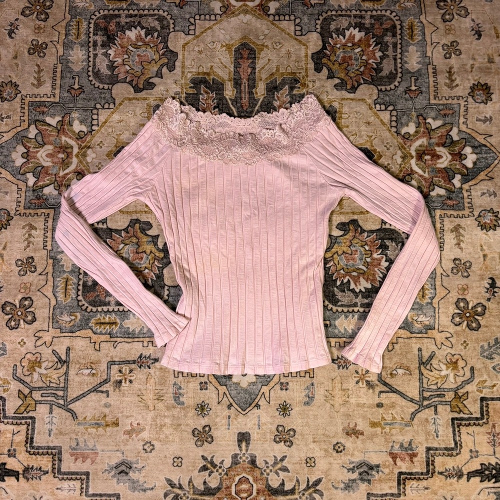 Vintage Lipstick Pink Lace Off Shoulder Long Sleeve Top Small Coquette 90s Y2K